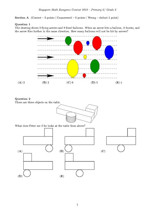 新加坡袋鼠数学竞赛6年级试卷和答案