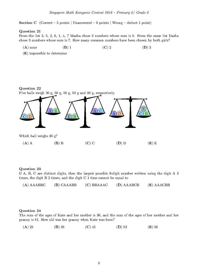 新加坡袋鼠数学竞赛6年级试卷和答案